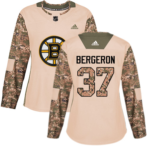 Adidas Bruins #37 Patrice Bergeron Camo Authentic Veterans Day Women's Stitched NHL Jersey